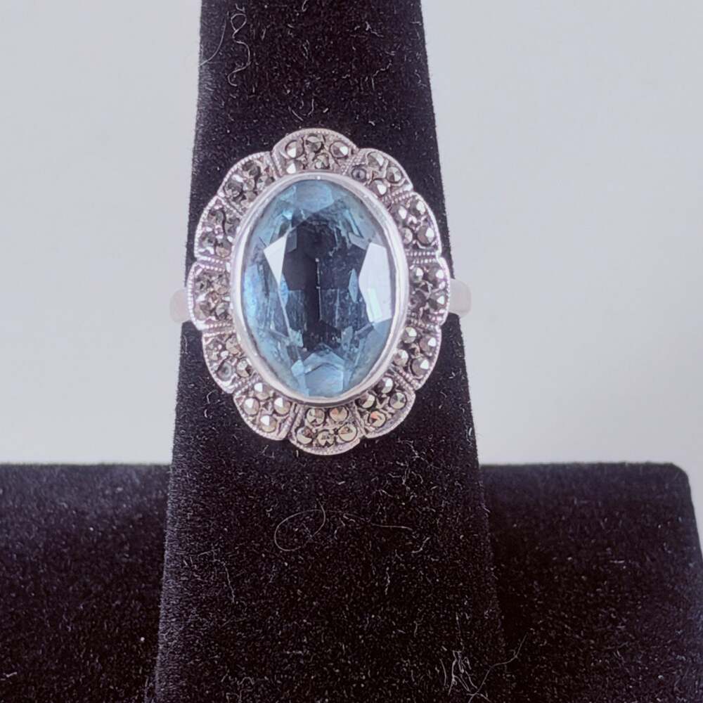 Sterling Silver Aquamarine Marcasite Ring Size 7.25 Oval 5 CT Scalloped Halo 925